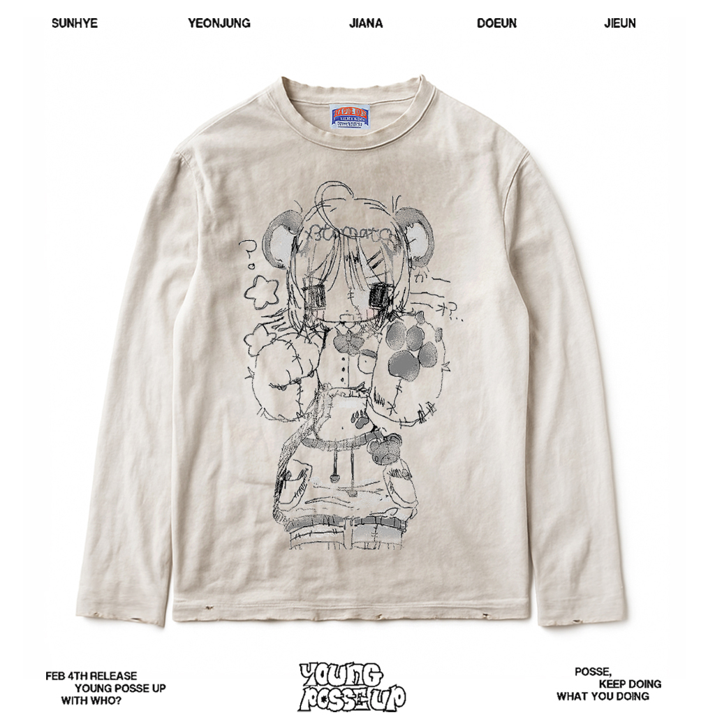 亚文化版型！手绘风卡通人物上衣可爱插画动漫风圆领脏脏长袖T恤