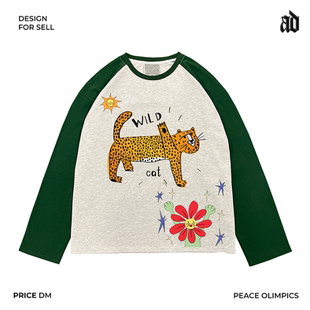 T恤 慵懒风独特vintage色彩OS长袖 艺术家系列 斑点豹花朵人美式