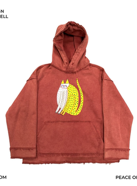 动物园系列！可爱猫咪抽象艺术水洗做旧毛边砖红色连帽卫衣街头