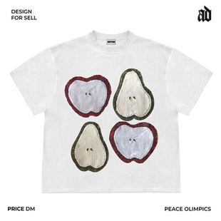 原创remake！视觉系苹果鸭梨贴布绣重工刺绣街头廓形短袖T恤宽松