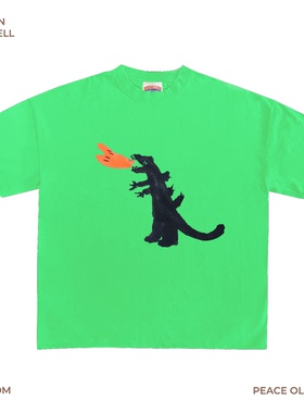 230G 轻薄正肩款 经典怪兽哥斯拉印花活力橙色火焰圆领短袖T 恤