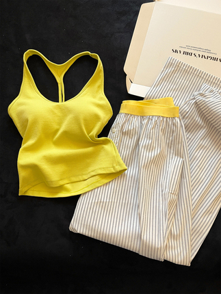 ins Stylish Korean-Style Yellow Pajamas with Chest Pads for Women, Summer 2026 New Camisole and Long Pants Loungewear Set