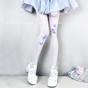蝶梦轻语 仙女喵原创 lolita甜美不对称蝴蝶水墨印花白色丝袜女