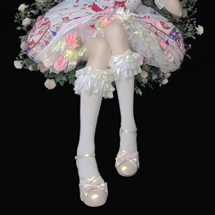 Lolita甜美少女三层蕾丝花边蝴蝶结小腿精梳棉袜日系可爱风长筒袜