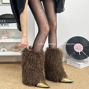 Y2K千禧辣妹咖啡色加厚卷毛羊滩毛毛袜套jk毛绒泰迪毛绒腿套靴套