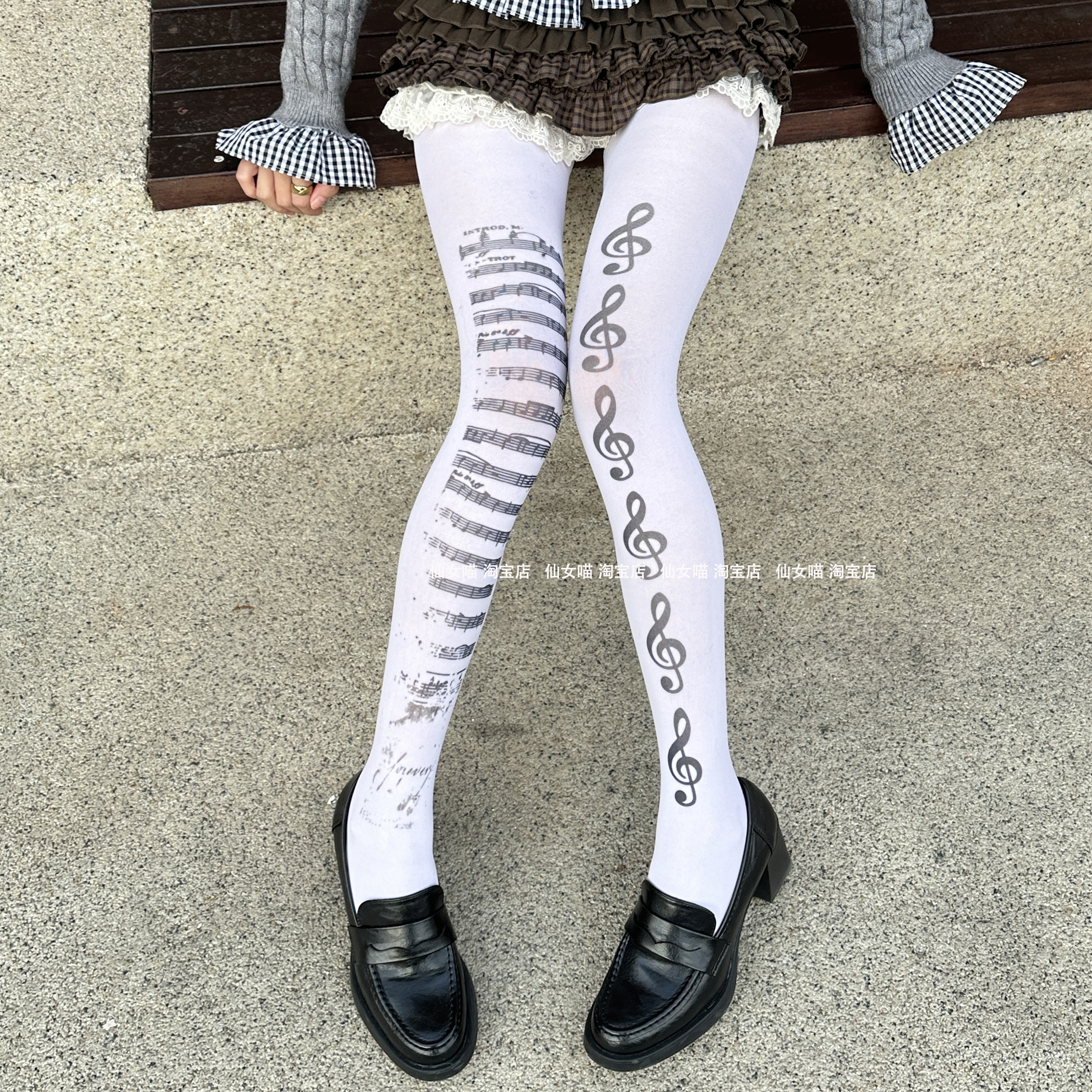 Y2K甜酷辣妹琴谱音符印花连裤袜