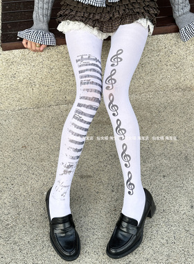 Y2K甜酷辣妹琴谱音符印花白色连裤袜女ins显瘦时尚天鹅绒薄款潮袜