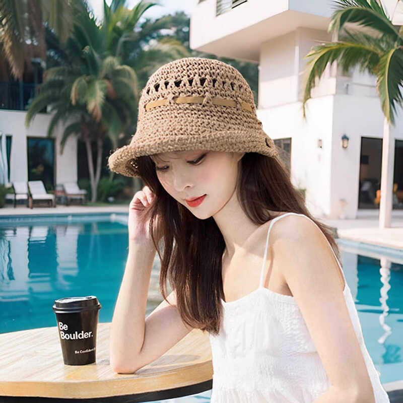 夏天卷边草帽女遮阳防晒帽子出游太阳帽日系蕾丝系带甜美遮阳草帽 - 实物图