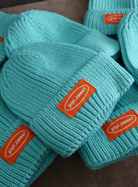 可酷可甜美~湖蓝色毛线帽女撞色百搭秋冬季潮日系帽子韩版针织帽