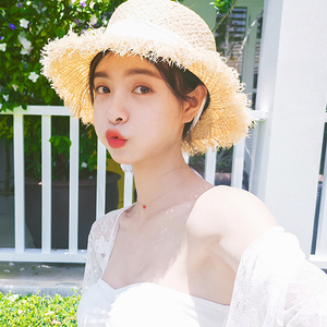 手工拉菲草绑带大沿遮阳帽