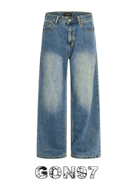 GON97美式水洗梦核蓝阔腿牛仔裤男女ins潮牌宽松直筒垂感显瘦长裤