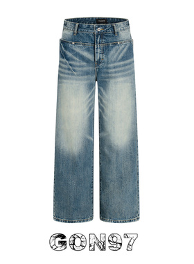 GON97 美式复古水洗猫须蓝色牛仔裤男女宽松直筒做旧磨白休闲长裤