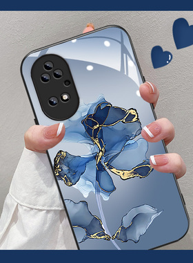 大理石蓝色花适用华为P60手机壳P40新款女p30钢化玻璃nova10高级感nova9pro防摔8镜头7全包7se硅胶P50e保护套