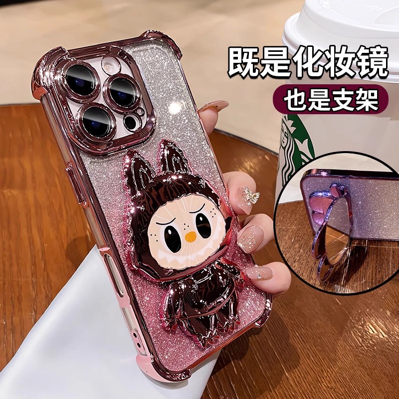 拉布布支架适用苹果16pro手机壳新款iPhone15透明电镀硅胶14plus保护套ip13四角12气囊11防摔带补妆镜子软壳