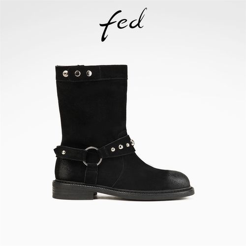 fed粗跟机车靴女冬季新款