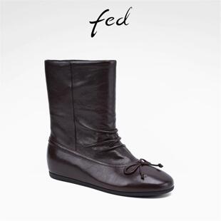 fed褶皱羊皮26秋冬女鞋复古真皮内坡跟中筒松弛感西部靴女