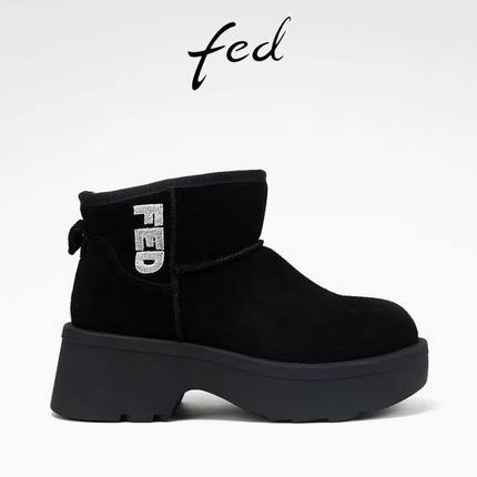 FED粗跟雪地靴女冬季新款女靴羊毛短靴黑色保暖靴女款D0923-ZC859