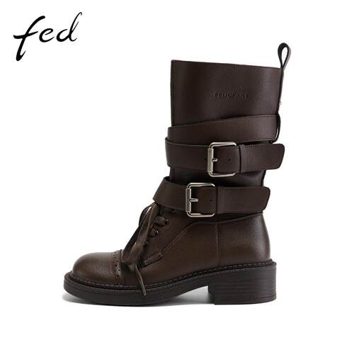 fed秋冬粗跟厚底靴子女工