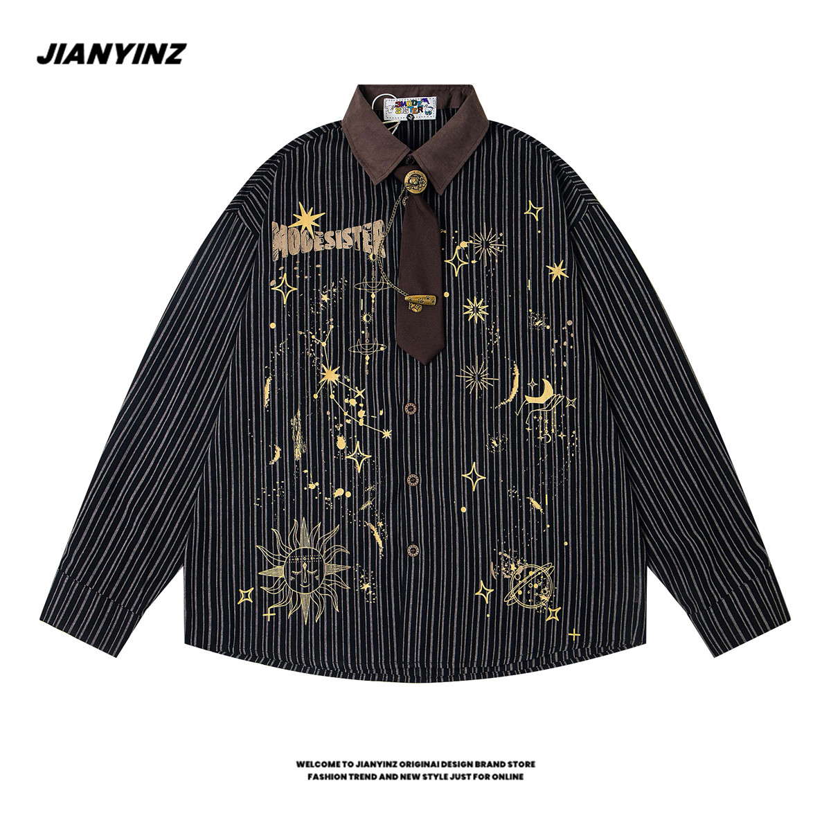 JIANYINZ美式璀璨星河印花条纹领带长袖衬衫男女潮牌古着情侣衬衣
