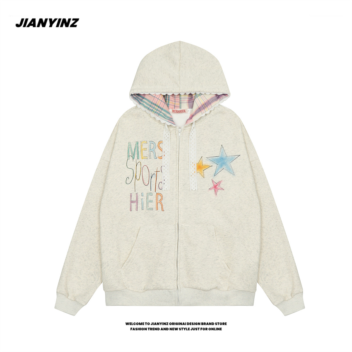 JIANYINZ美式复古星星涂鸦连帽开衫卫衣女慵懒风格子拼接帽衫外套