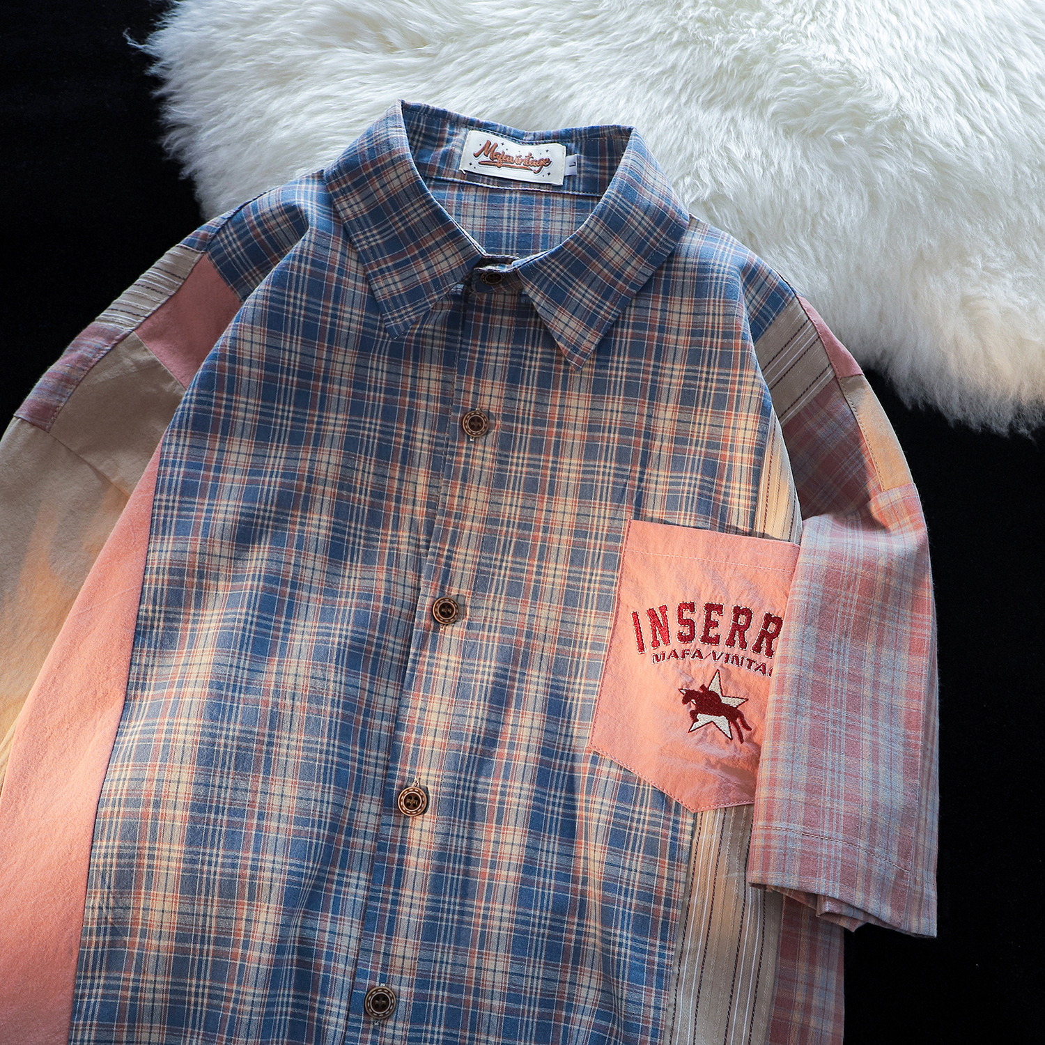 JIANYINZ美式复古撞色拼接格子短袖衬衫男女宽松设计感BF情侣衬衣