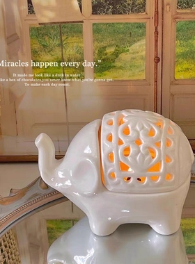 法式浪漫镂空烛台摆件陶瓷小象香薰蜡烛台灯香炉防风家用室内装饰