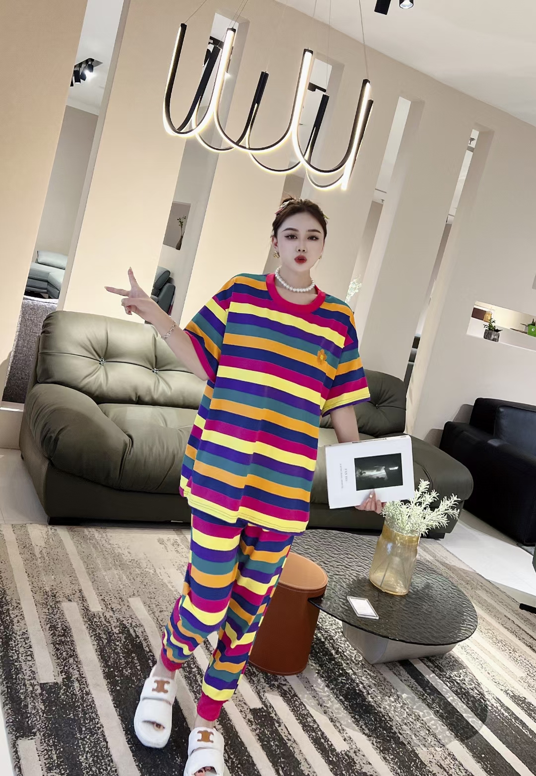 纯棉彩虹条纹家居服睡衣短袖长裤两件套四季款纯棉睡衣大码睡衣