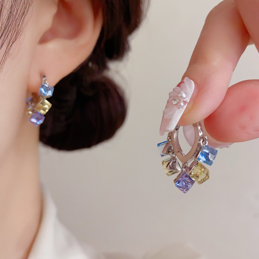 小清新彩色方钻流苏耳扣百搭