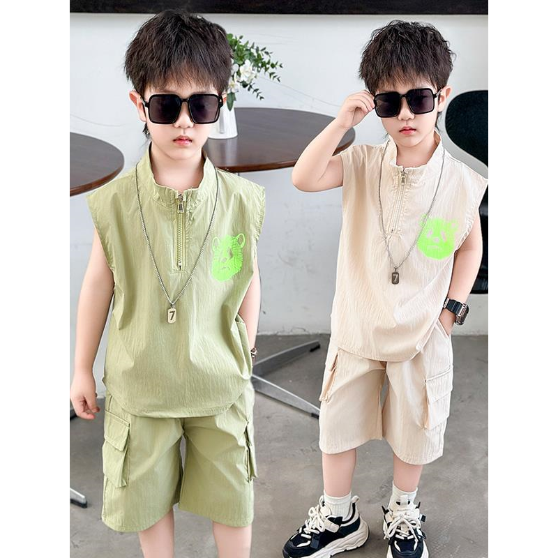 男童夏季无袖套装宝宝洋气棉麻薄款衣服小男孩炸街运动背心两件套