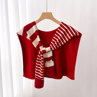 针织小披肩外搭肩女生红色春秋夏季 护颈围脖子两用薄围巾 搭配衬衫