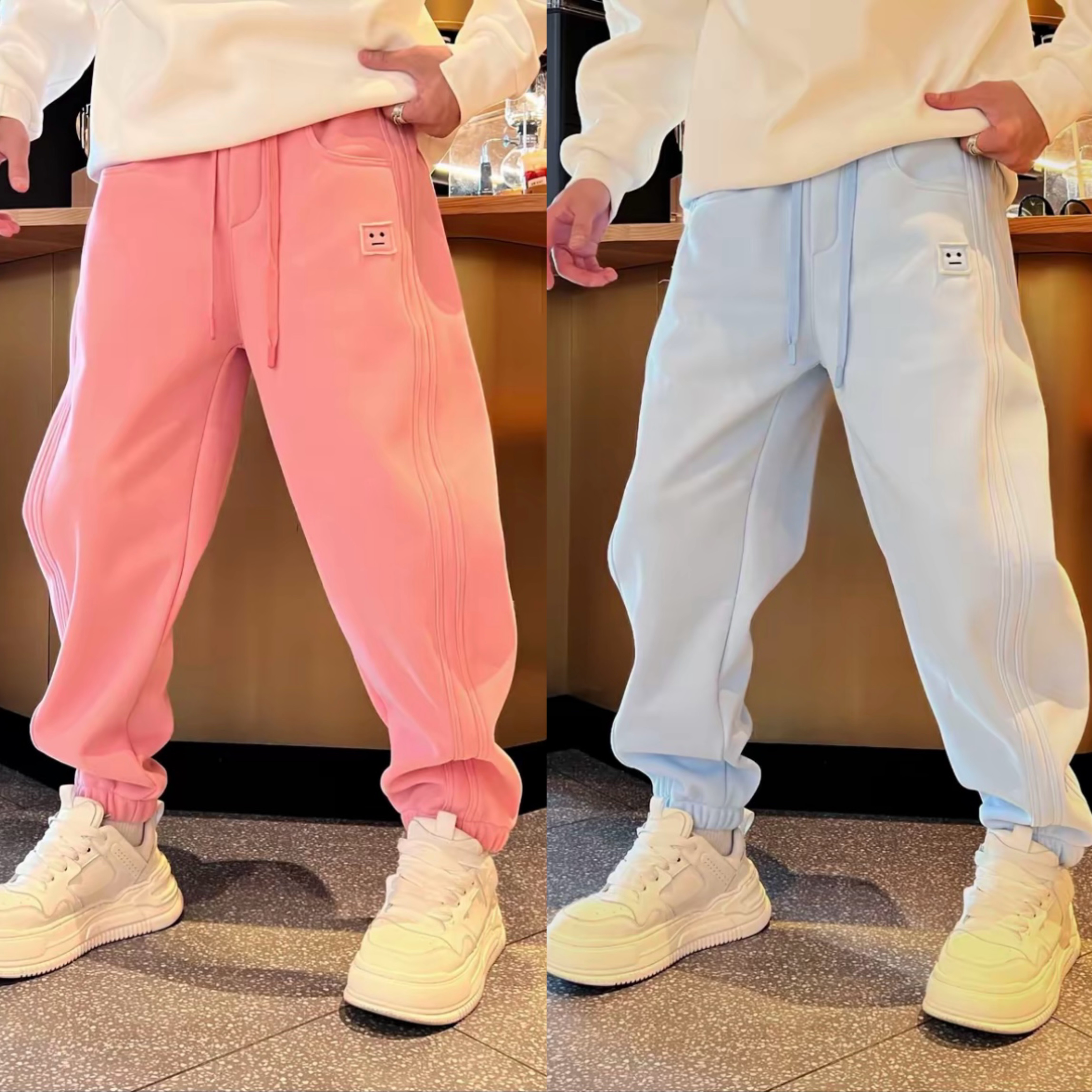 【加绒】休闲百搭秋冬拼接设计感个性贴布男士松紧腰加绒休闲裤