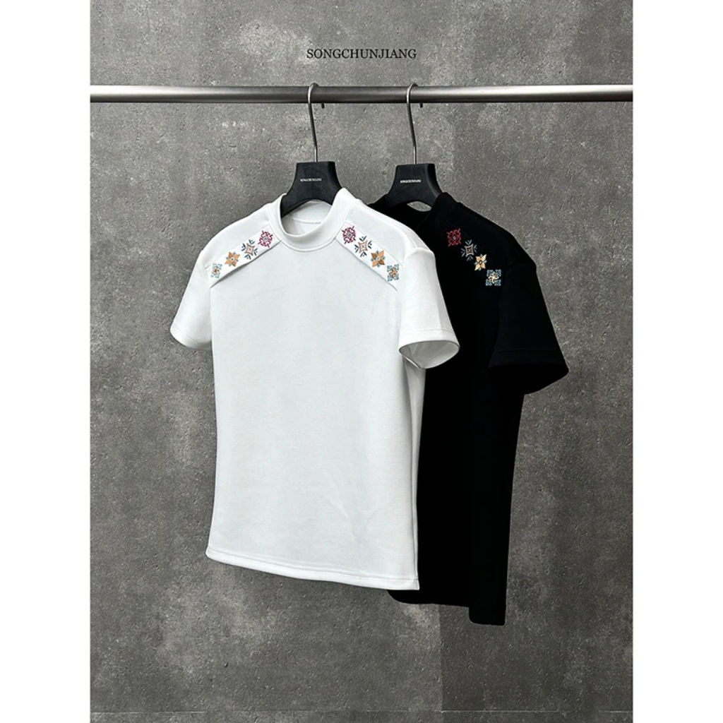 民族风刺绣半高领短袖T恤男夏季高级感痞帅正肩上衣