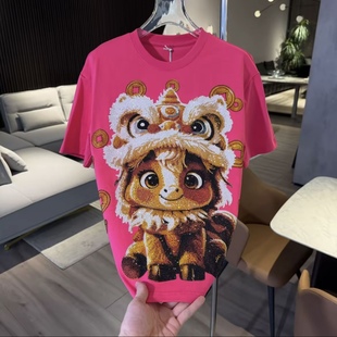 本命年小马彩色烫钻短袖 轻奢帅气内搭半袖 圆领宽松T恤潮2026新款