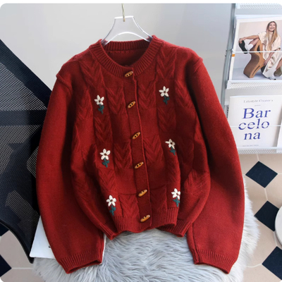 复古牛角扣过年红色毛衣开衫女秋冬季加厚宽松慵懒新年红针织外套