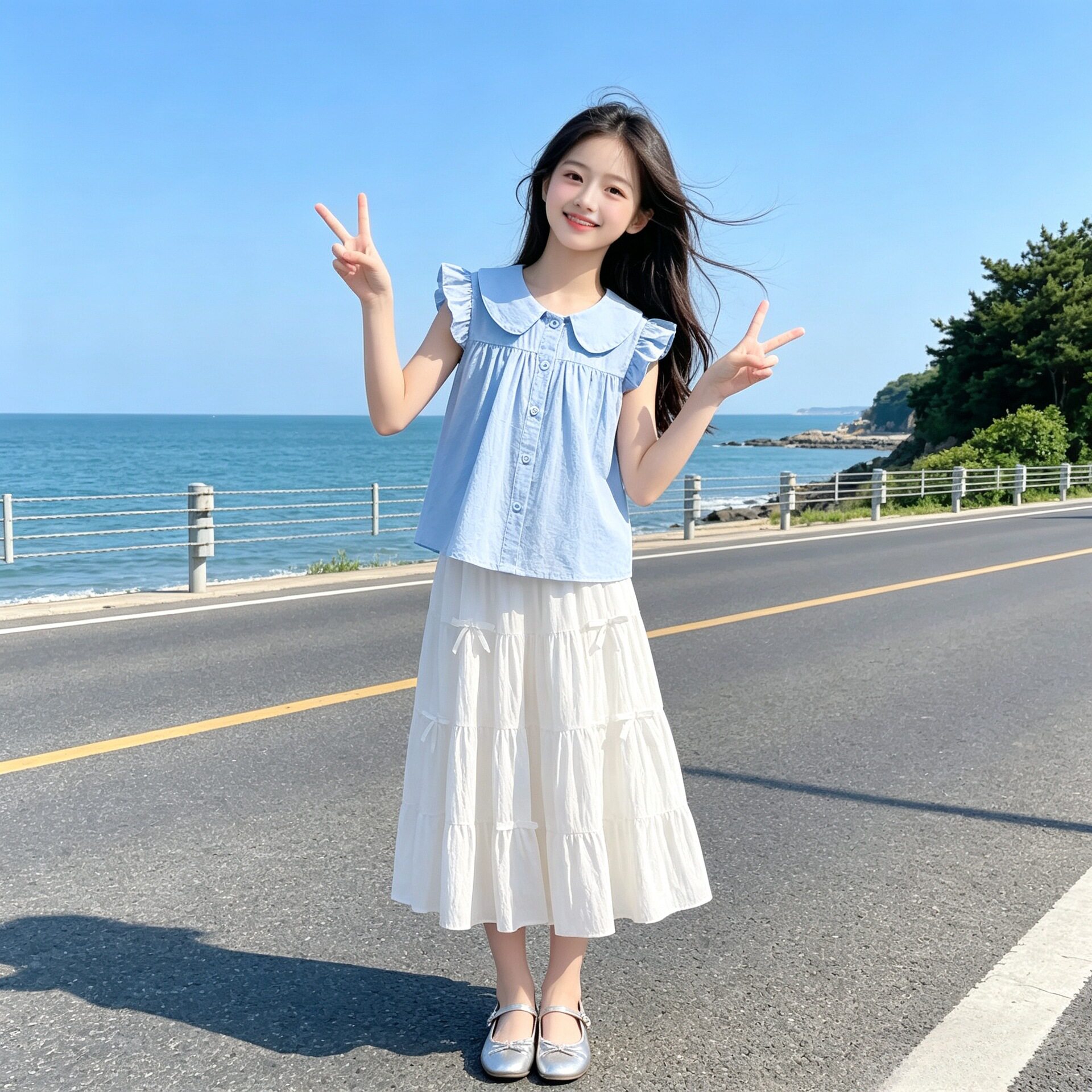 女童小飞袖衬衫套装夏季儿童洋气纯棉上衣长裙两件套中大童半身裙