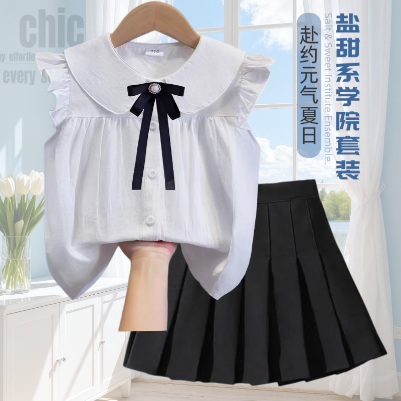 夏女童学院风衬衫套装jk制服洋气