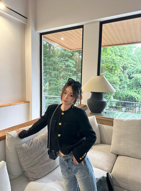 小香风外套女短款单排黑色手工定制修身显瘦粗花昵上衣cel家风格