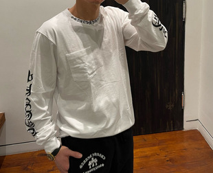 CH纯棉圆领长袖T恤男女同款高品质经典梵文罗宽松白色卷轴纯棉