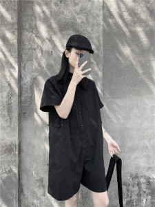 暗黑山本工装设计感休闲连体短裤女男宽松显瘦夏新款连体衣五分裤图片