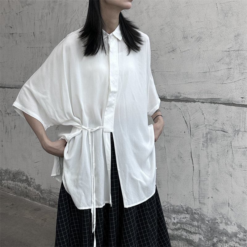 山本暗黑风设计感中长款短袖衬衫女宽松绑带衬衣夏季舒适黑色上衣,女装衬衫,钱塘801（原钱塘901）