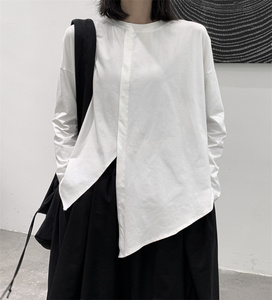 暗黑风圆领宽松型长袖T恤内搭套装春季白色长款纯色春秋休闲百搭图片
