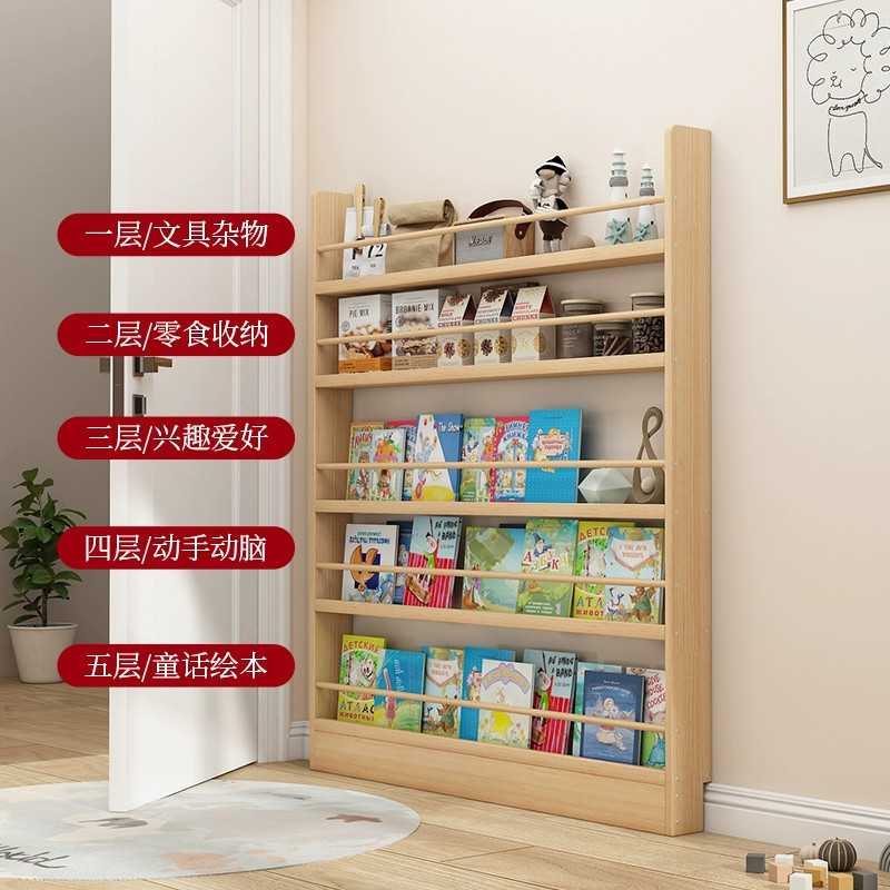 门后置物架实木书架一体靠墙书柜家用窄柜收纳架子多层壁挂展示架