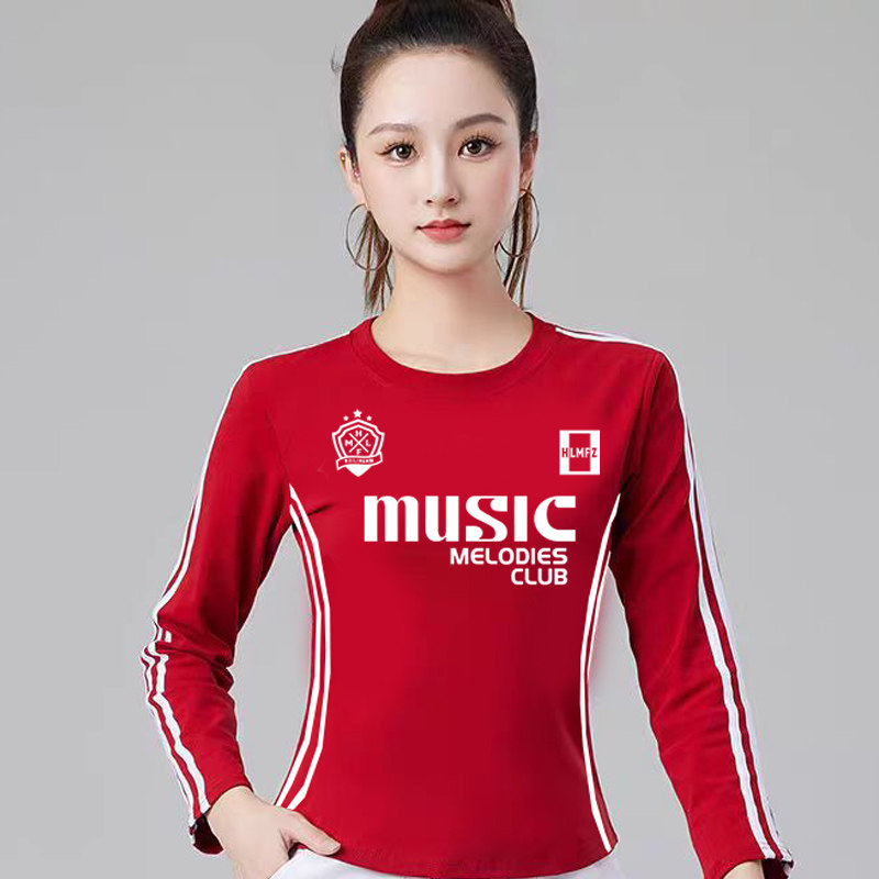 春秋新款广场舞服装上衣棉条纹圆领印花长袖运动跳体操曳步舞蹈衣