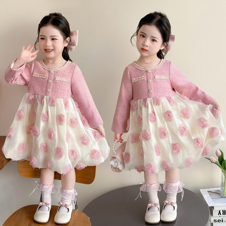 绣花女童小香风连衣裙春秋新款粉色网纱蛋糕裙甜美公主裙中长裙,童装/婴儿装/亲子装,连衣裙,淘宝优惠券,粉丝福利购,淘宝优惠卷