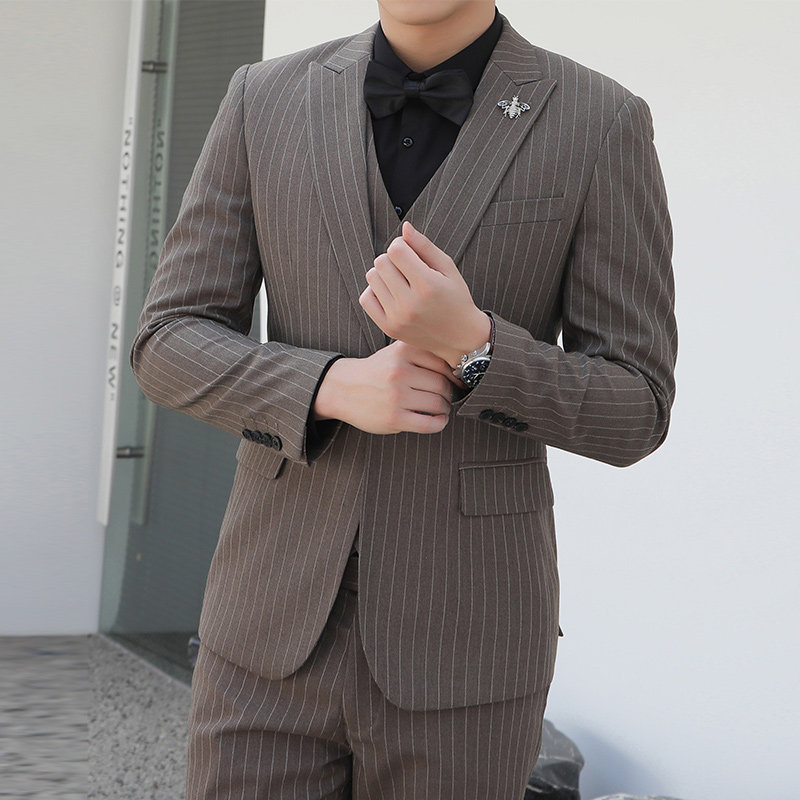 西服套装男新郎结婚礼服修身韩版条纹休闲帅气英伦风潮流西装正装