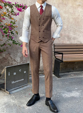西装马甲套装男伴郎衣服英伦复古粗花呢背心男新郎结婚礼服兄弟装