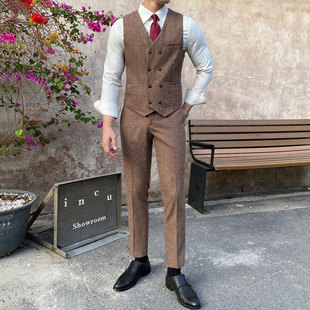 西装马甲套装男伴郎衣服英伦复古粗花呢背心男新郎结婚礼服兄弟装