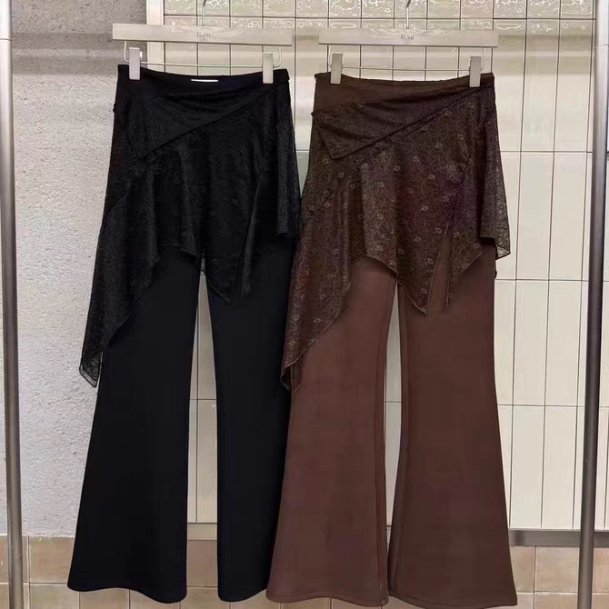 欧货复古黑色咖啡棕色蕾丝拼接微喇裤女西装弹力松紧显瘦时尚阔腿