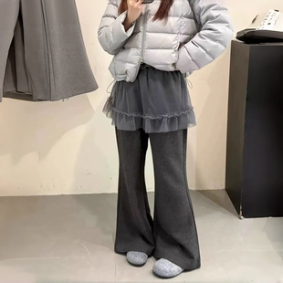 加绒显瘦洋气 女2025冬季 韩版 复古深灰色高腰网纱屁帘假两件微喇裤