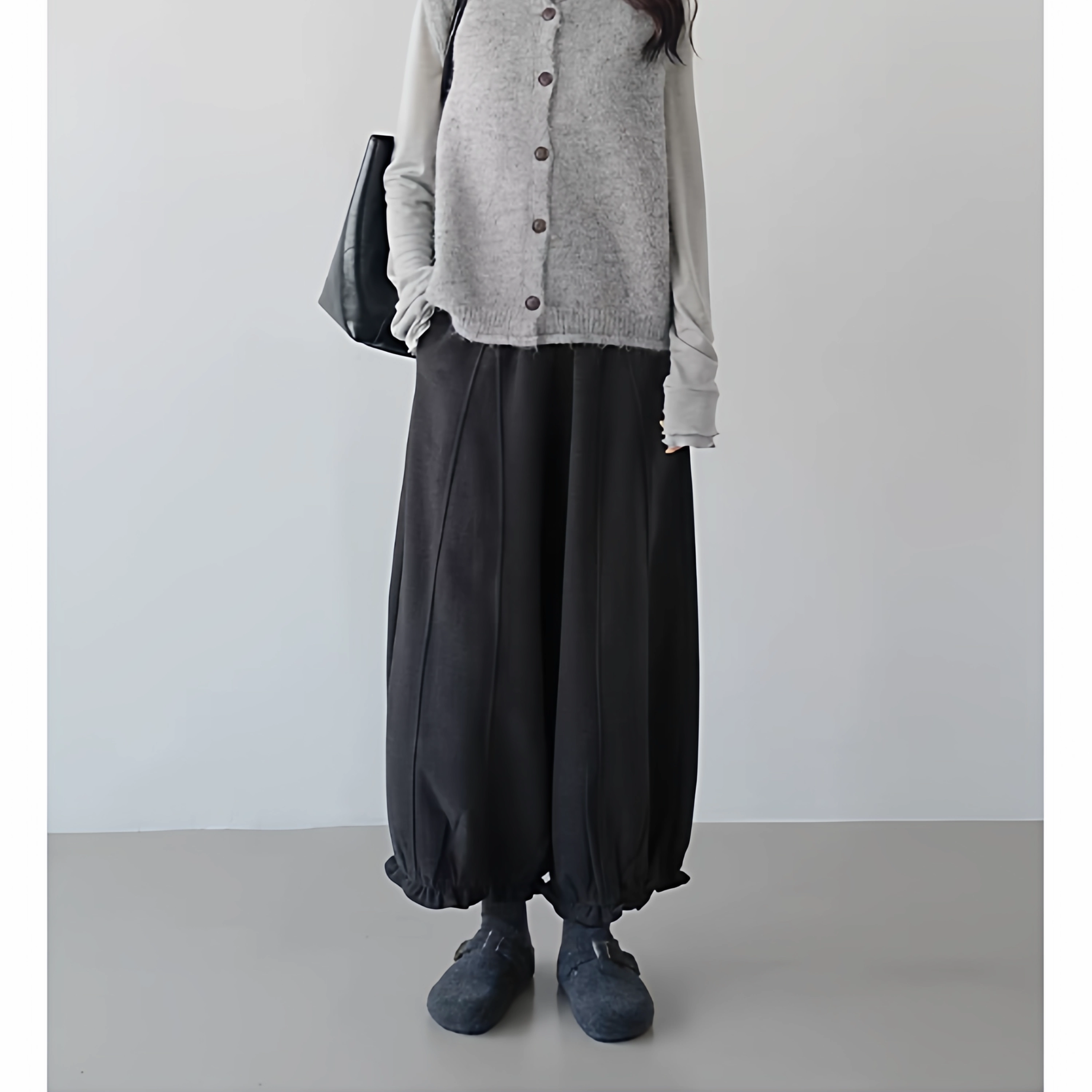 高腰毛呢花苞裤女宽松灯笼裤韩版加绒加厚休闲阔腿裤黑灰色九分潮